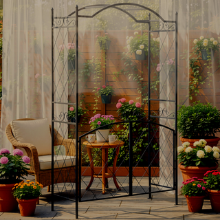 Sunvega Black Metal Garden Arch Arbor Trellis with Gate for Climbing Vines