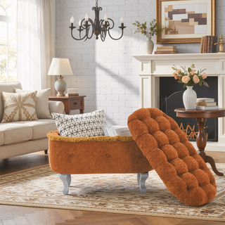 Sunvega Orange Upholstered Button-Tufted Storage Ottoman Bench with Fringe for Bedroom