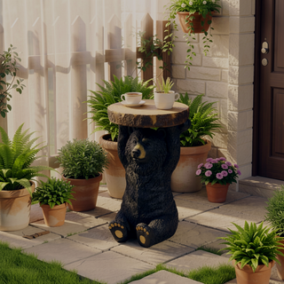 Sunvega Black Bear MGO Pedestal End Table Stool with Faux Wood-Grain Tabletop for Indoor and Outdoor Decor