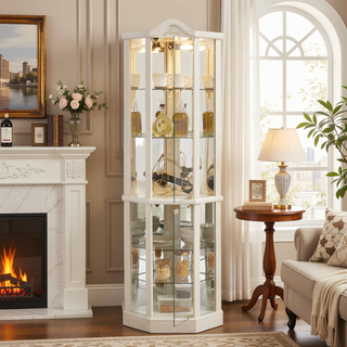 Sunvega Antique Glass Corner Cabinet with Adjustable Shelves and Built-in Light