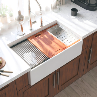 Sunvega 33 Inch White Porcelain Ceramic Farmhouse Kitchen Sink Workstation with Reversible Apron