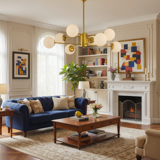 Sunvega Gold Chandelier with White Glass Globe Shades and Mid-Century Branching Design for Dining Room