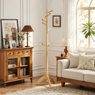 Sunvega Dark Brown Finish 7 Tiers 11 Hooks Solid Wood Coat Rack Stand