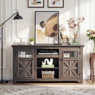 Sunvega Farmhouse TV Stand with 2 Doors and Open Storage for Media Console