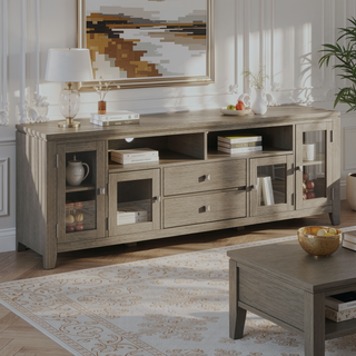Sunvega Farmhouse Grey Solid Wood TV Media Stand with Glass Doors and Drawers