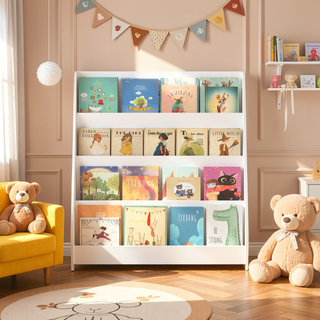 Sunvega 4-Tier Open Kids Bookshelf with Triangular Support for Bedroom Playroom