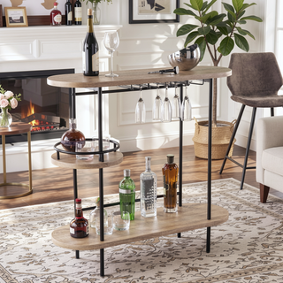 Sunvega Natural and Black Finish Bar Table with Glassware Storage and Shelves