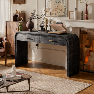 Sunvega Retro Minimalist Curved Sideboard with Gold Handles and Adjustable Shelves for Living Room