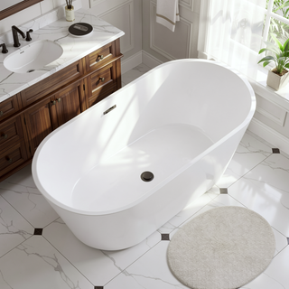 Sunvega 59 Inch Acrylic Freestanding Soaking Tub with Gold Overflow Drain