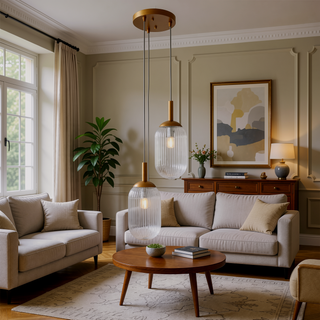 Sunvega Mid-Century Pendant Lamp with Bronze Metal Base and Clear Ribbed Glass Shades