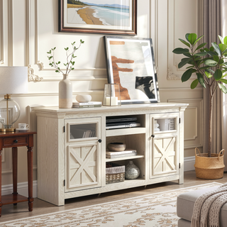 Sunvega Farmhouse TV Stand with 2 Doors and Open Storage for Media Console