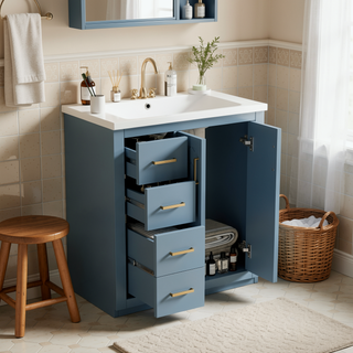 Sunvega 30 Inch Solid Wood Freestanding Bathroom Vanity with Ceramic Sink and Storage