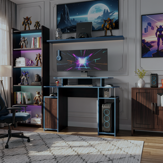 Sunvega Blue Accented Minimalist Gaming Desk with Elevated Monitor Shelf and Storage