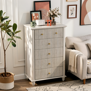 Sunvega Fluted 5 Drawer Dresser with Metal Handle and Wooden Top for Bedroom