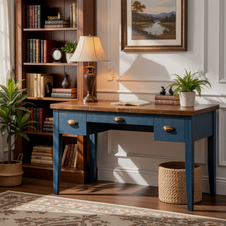 Sunvega Blue Denim and Whiskey Writing Desk with Drawers No Assembly Required