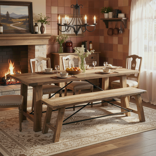 Sunvega Country-Inspired Solid Wood Dining Table with Metal Stretchers Seats 6