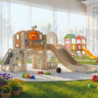 Sunvega 7-in-1 Toddler Playset with Slide Basketball Hoop Ring Toss and Crawl Tunnel