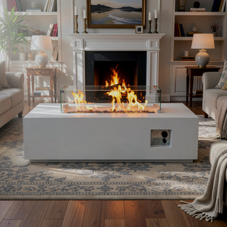 Sunvega 52 Inch Outdoor Concrete Propane Gas Fire Pit Table in Antique White