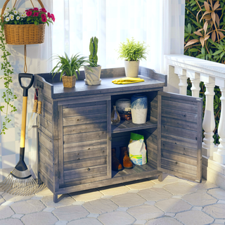 Sunvega Premium Fir Wood Potting Bench with Galvanized Tabletop and 2-Tier Storage
