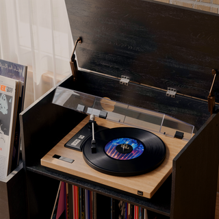 Sunvega Turntable Stand with Power Outlet Flip-Down Lid Storage for 300+ Vinyls
