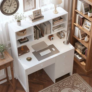 Sunvega Vintage 40 Inch Executive Desk and Upholstered Chair Set with Bookshelf