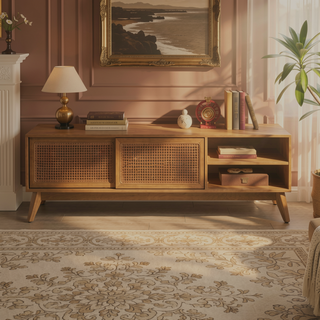 Sunvega Mid Century Modern Rattan Sideboard Cabinet with Adjustable Shelves and Solid Wood Feet