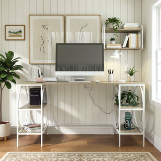 Sunvega Durable Engineered Wood Double Pedestal Desk with Light Woodgrain Finish