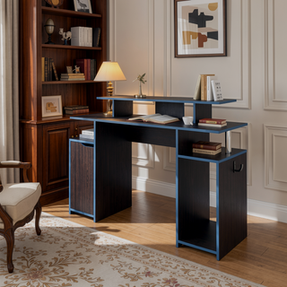 Sunvega Blue Accented Minimalist Gaming Desk with Elevated Monitor Shelf and Storage