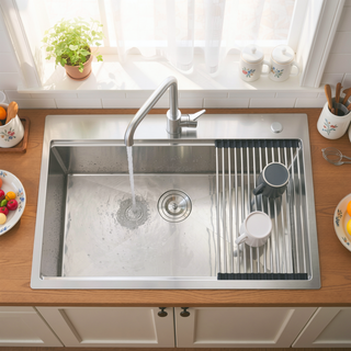 Sunvega 32x19 Inch Overmount Single Bowl Kitchen Sink in Brushed Nickel