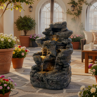 Sunvega LED-Lit Modern Concrete Column Fountain for Patio Porch Oasis