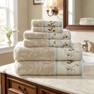 Sunvega Elegant Cotton Jacquard 6 Piece Towel Set with Floral Embroidery