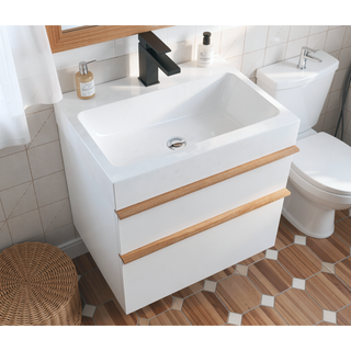 Sunvega White Wall Mounted Bathroom Vanity with Integrated Acrylic Sink and Soft-Close Drawers