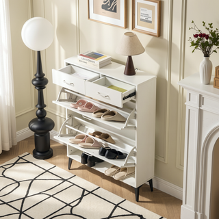Sunvega Large Freestanding Tipping Bucket Shoe Rack Organizer with 2 Flip Drawers and 2 Drawers