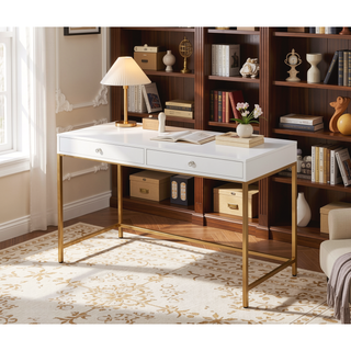 Sunvega White High Gloss Gold Finish Contemporary Vanity Desk with 2 Storage Drawers