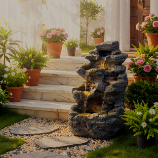 Sunvega LED-Lit Modern Concrete Column Fountain for Patio Porch Oasis