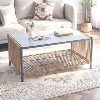 Sunvega Outdoor PE Wicker Sofa Set with Grey Cushions and Coffee Table