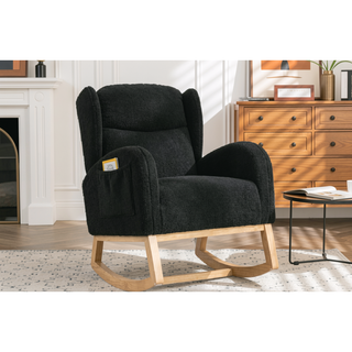 Sunvega Teddy Fabric Rocking Chair With Wood Legs For Living Room And Bedroom