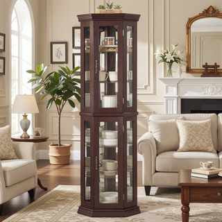 Sunvega Corner Curio Cabinet with LED Lighting and 4 Adjustable Glass Shelves