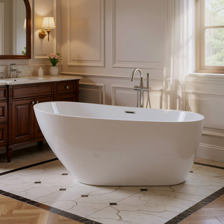 Sunvega 59 Inch Acrylic Freestanding Soaking Tub with Gold Overflow Drain
