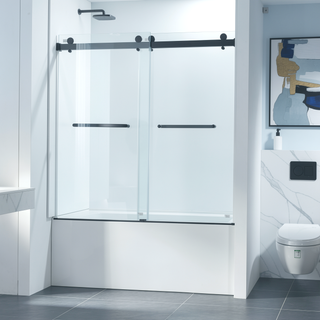 Sunvega 56-60"W x 60"H Frameless Double Sliding Tub Shower Door with Matte Black Finish