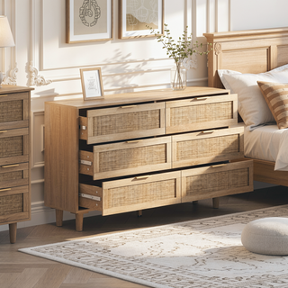 Sunvega Modern Natural Rattan 6 Drawer Dresser with Wood Legs for Bedroom Storage