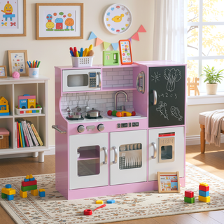 Sunvega Kids Kitchen Playset with Chalkboard, Toy Phone, Ice Maker, Microwave, and Sink
