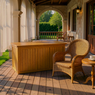Sunvega 67 Gallon Outdoor Wooden Deck Box with Seat and Table Top