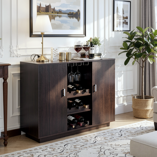 Sunvega Espresso 2-Door Wine Cabinet with Stemware Rack and Wine Bottle Storage