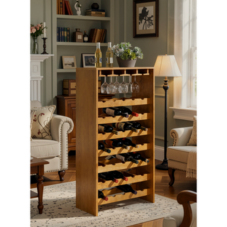 Sunvega KD Oak Finish Wine Rack with 4 Cup Holder and 35 Bottle Storage