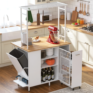 Sunvega White Kitchen Island with Foldable Dining Bar and Large Storage Cabinet