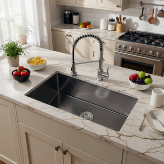 Sunvega 33x19 Inch Black Single Bowl Undermount Kitchen Sink with Drain Grooves