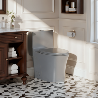 Sunvega Light Grey Elongated One-Piece Toilet with Dual Flush and Soft Closing Seat