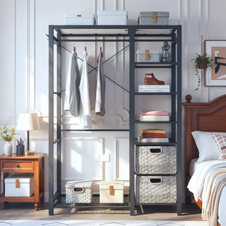 Sunvega Acacia Wood Garment Rack with Shelves 2 Wicker Drawers and 4 Hooks