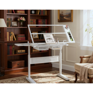 Sunvega Adjustable Height Drafting Table with Tiltable Tempered Glass Top and Stool